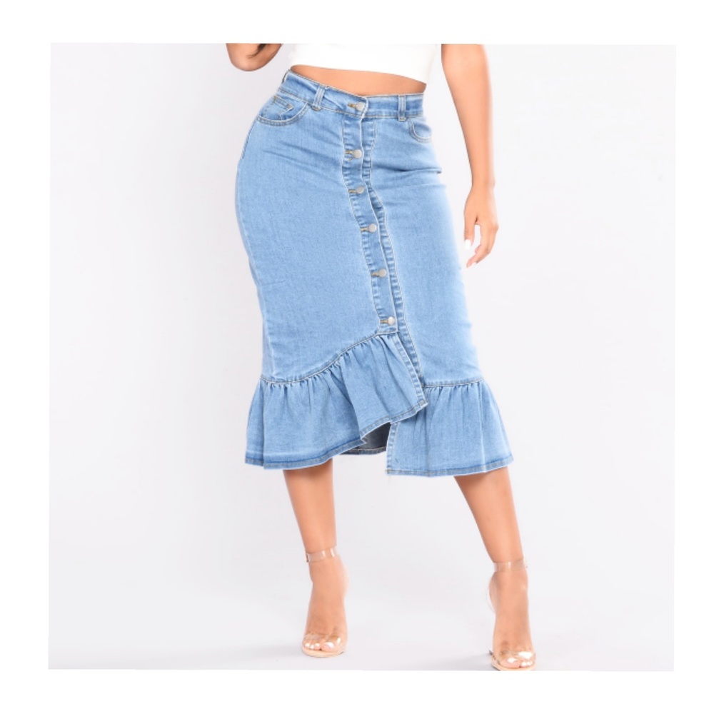 Denim Mermaid Fit Midi Skirt w/Ruffles